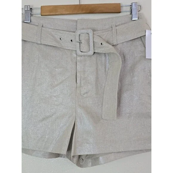 Nine West Metallic Linen Blend Shorts Belted High Waist Gold Beige Womens Small - Picture 6 of 12